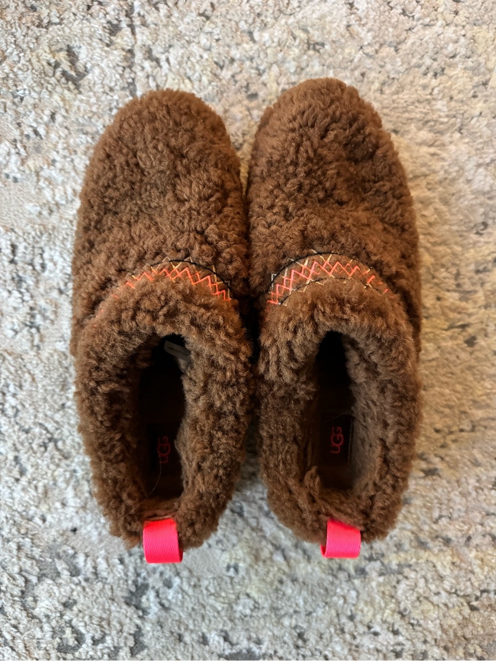 UGG Women’s Chocolate Brown Fuzzy Slip-On with Pink Pull Tab